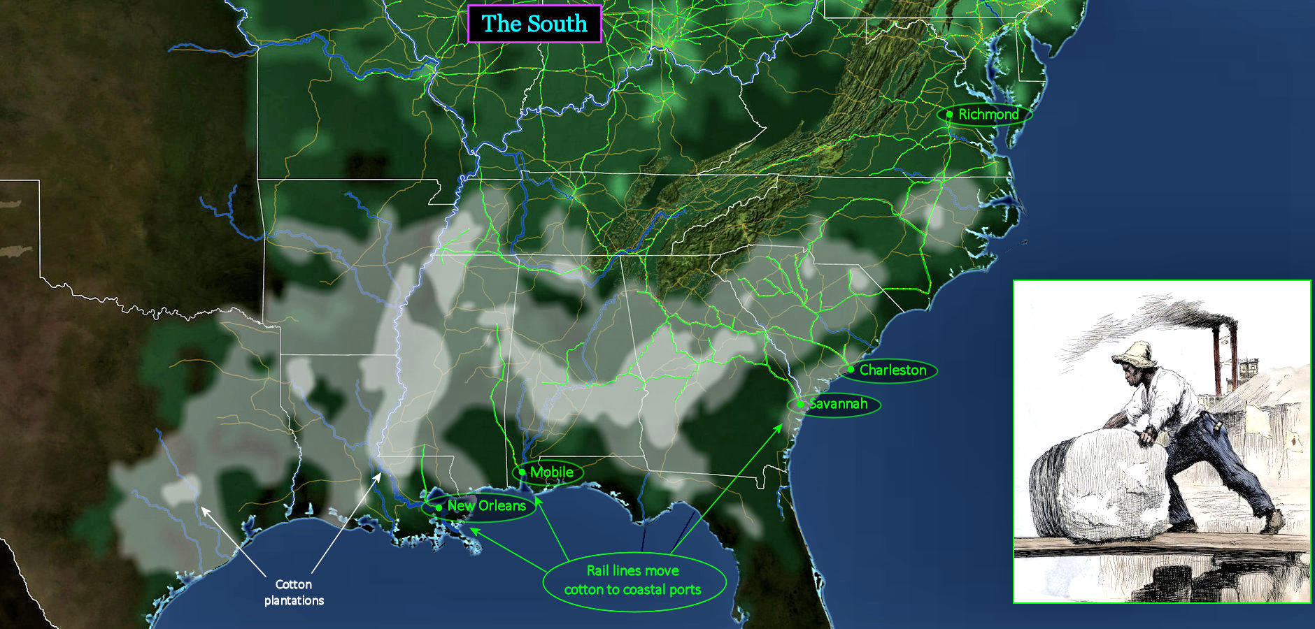 Southern cotton and railroads, 1850 map